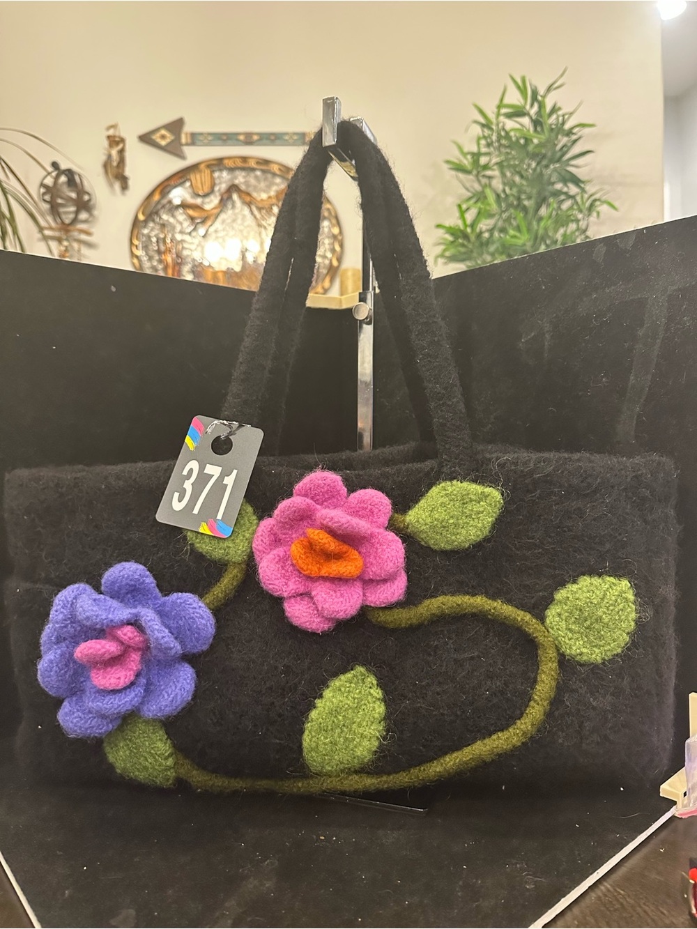 Boiled Felted Wool Tote #371 with Pink & Purple Floral Appliqué stunning